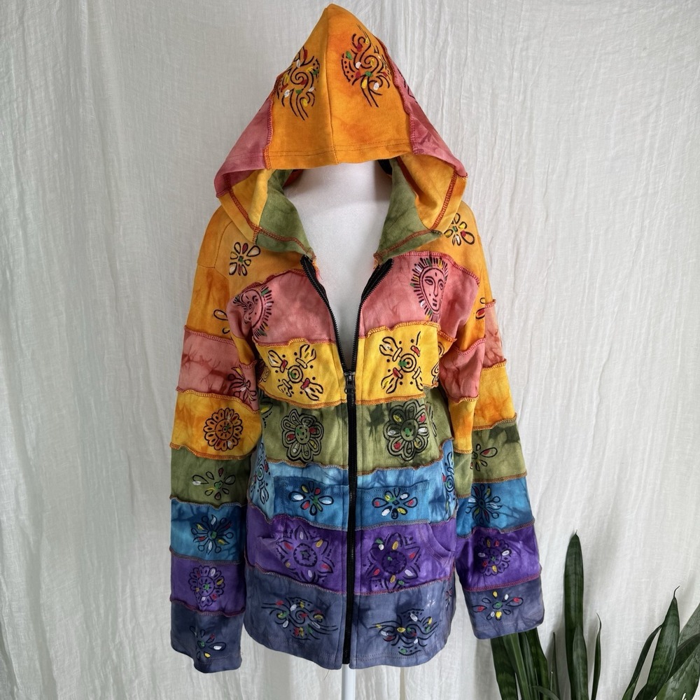Rising International Rainbow Patchwork Hoodie XL Hippie Festival Zip Up Colorful